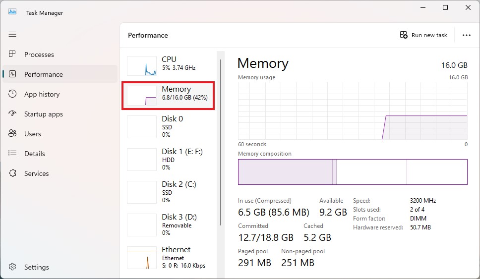 Task Manager Window with RAM Usage Indication