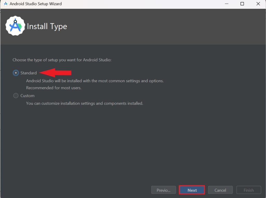 Select Install type in Android Studio