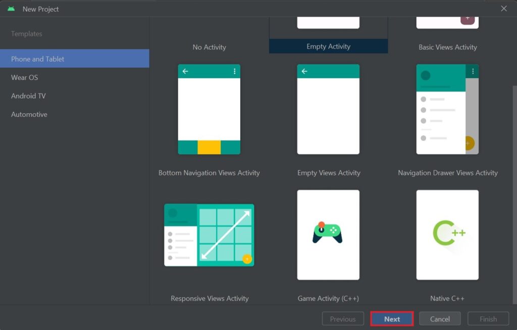 Select Template for New Project in Android Studio