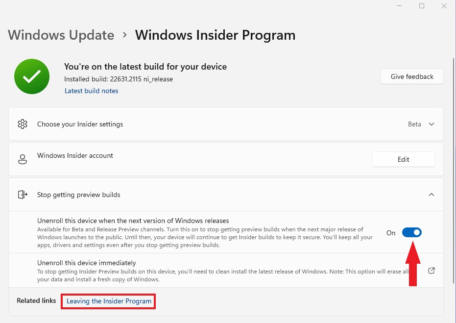 Unenroll your Device from Windows Insider Release