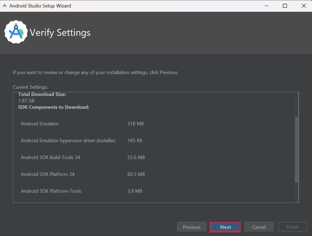 Verify Settings in Android Studio