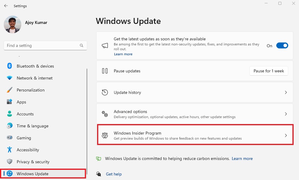 Windows Update Settings Page