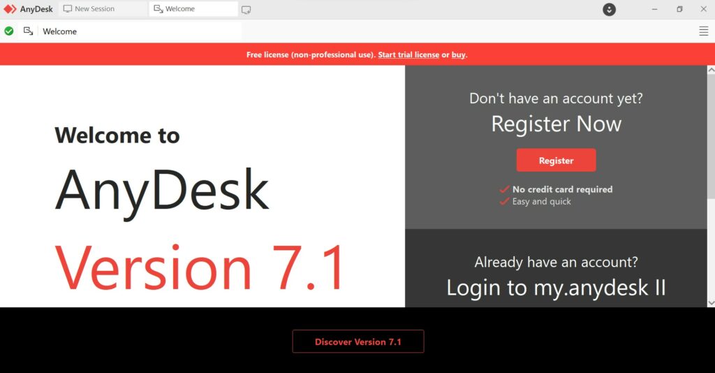 Welcome Page of AnyDesk