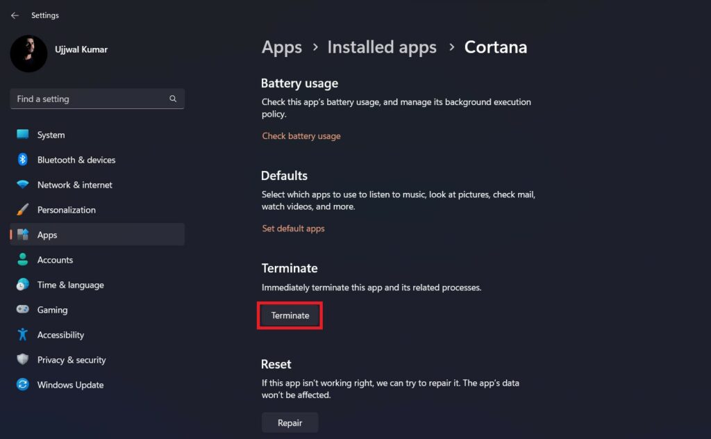 Cortana Terminate Option to Fix File Explorer Search Not Working