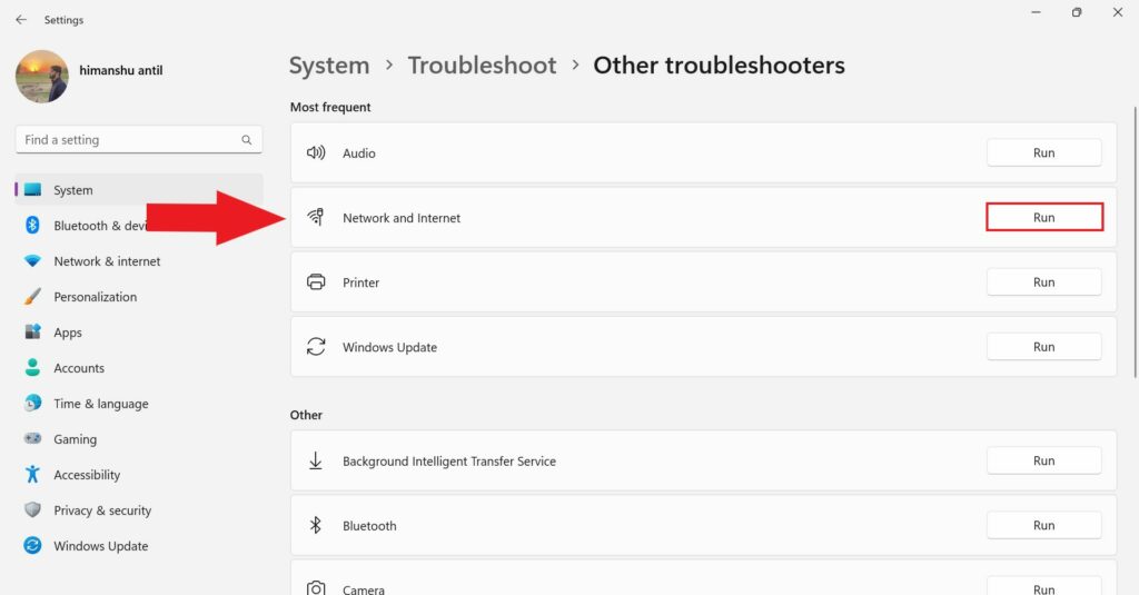 Runinng Network and Internet Troubleshooters