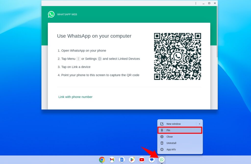 Pin WhatsApp Web on Chromebook Shelf