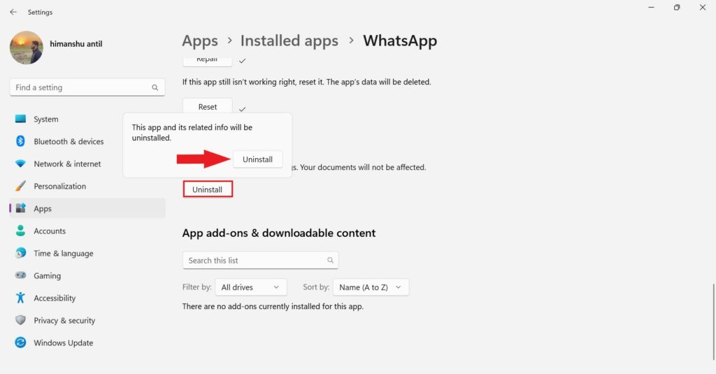 Uninstalling WhatsApp from Windows 11