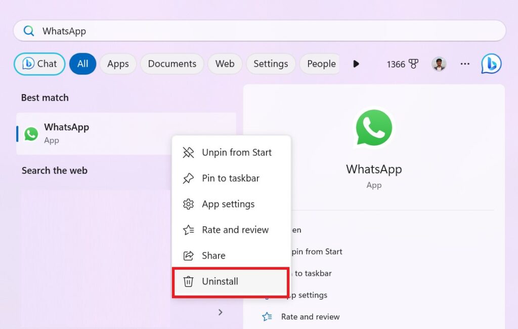 Uninstall WhatsApp on Windows