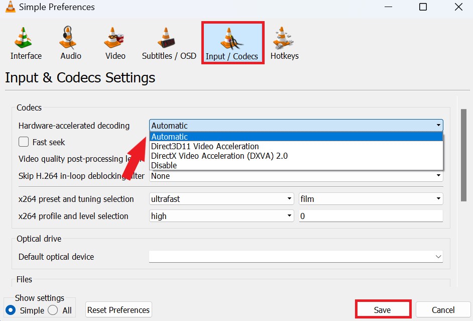 Change Hardware Acceleration in VLC
