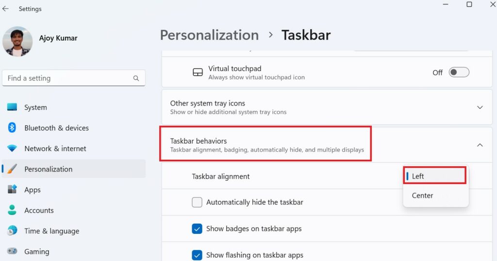 Taskbar Behaviors Settings Option