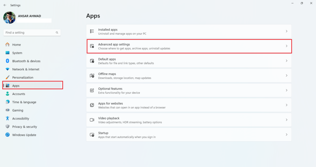 Apps and Advanced apps settings