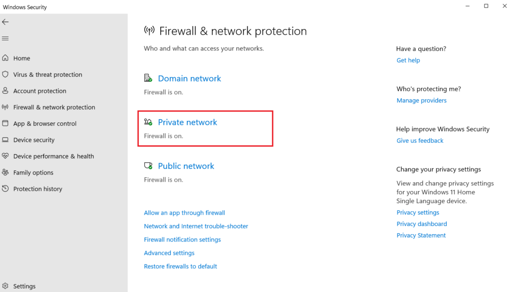 Choosing Private Network Option