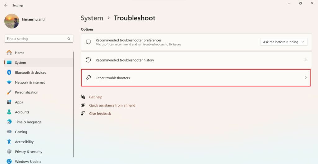 Other Troubleshooters Option
