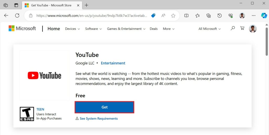 Install YouTube App Using the Microsoft Store