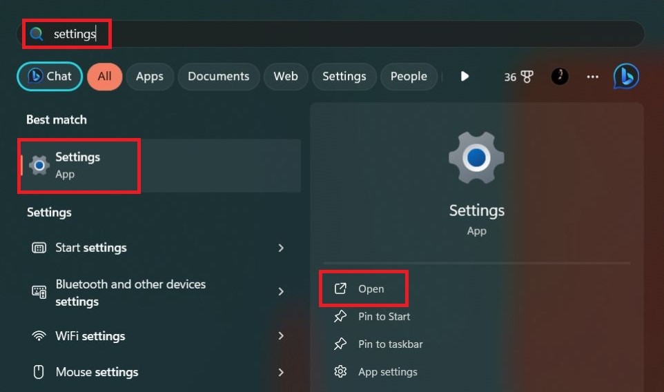 Opening Settings from Windows Search