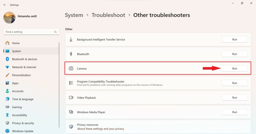 Run Camera Troubleshooter to Fix Face Recognition Not Working