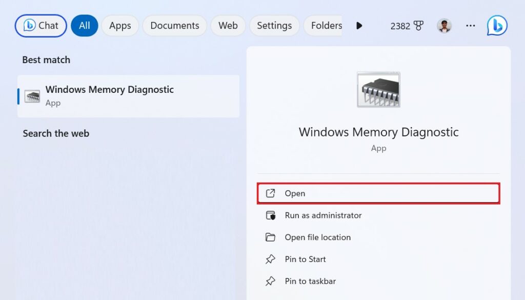 Open Windows Memory Diagnostic Tool
