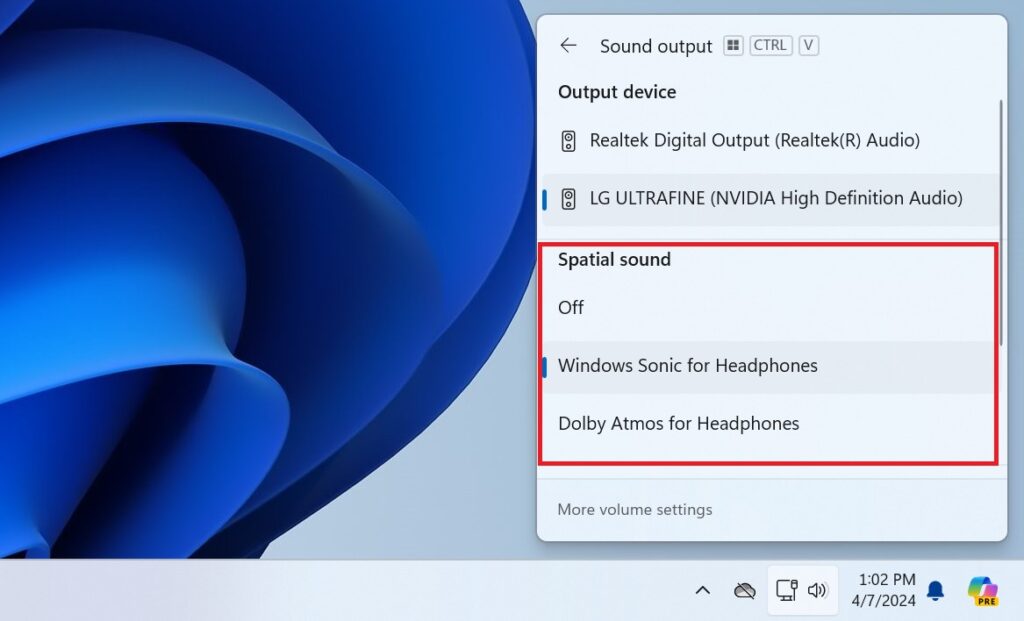 Spatial Sound Settings in Windows 11