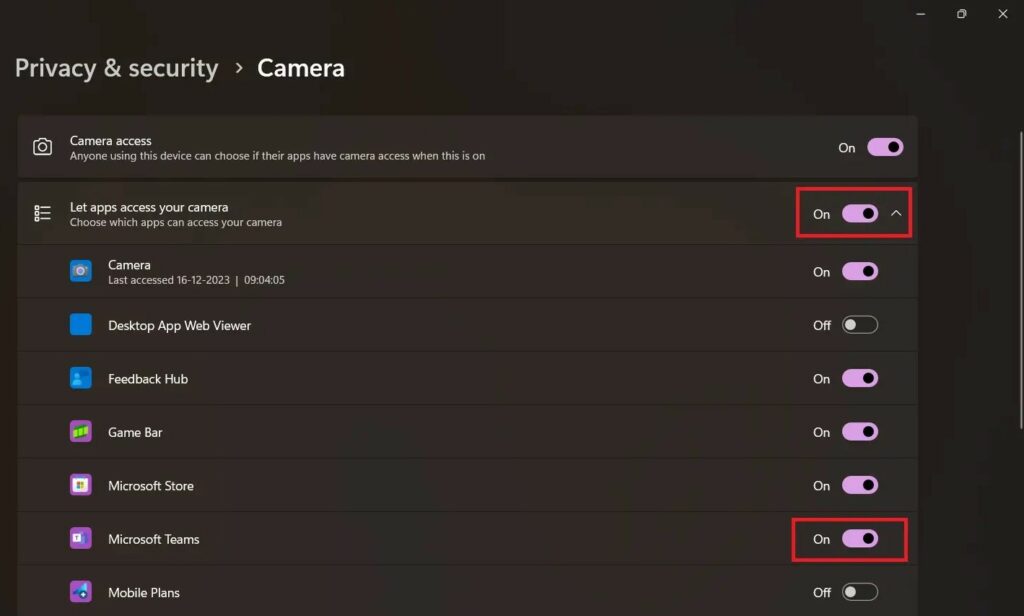 Camera Access Permissions for Microsoft Teams
