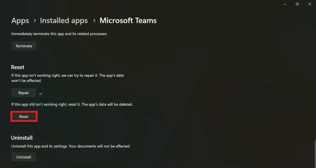 Reset the Microsoft Teams App