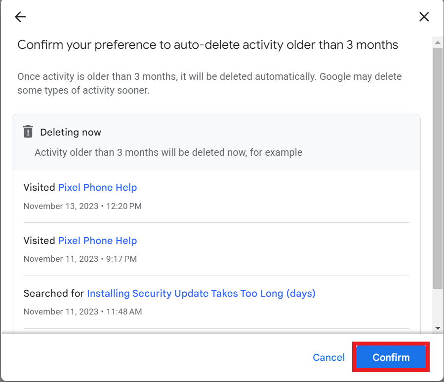 Click Confirm to Delete the Web and App Activity