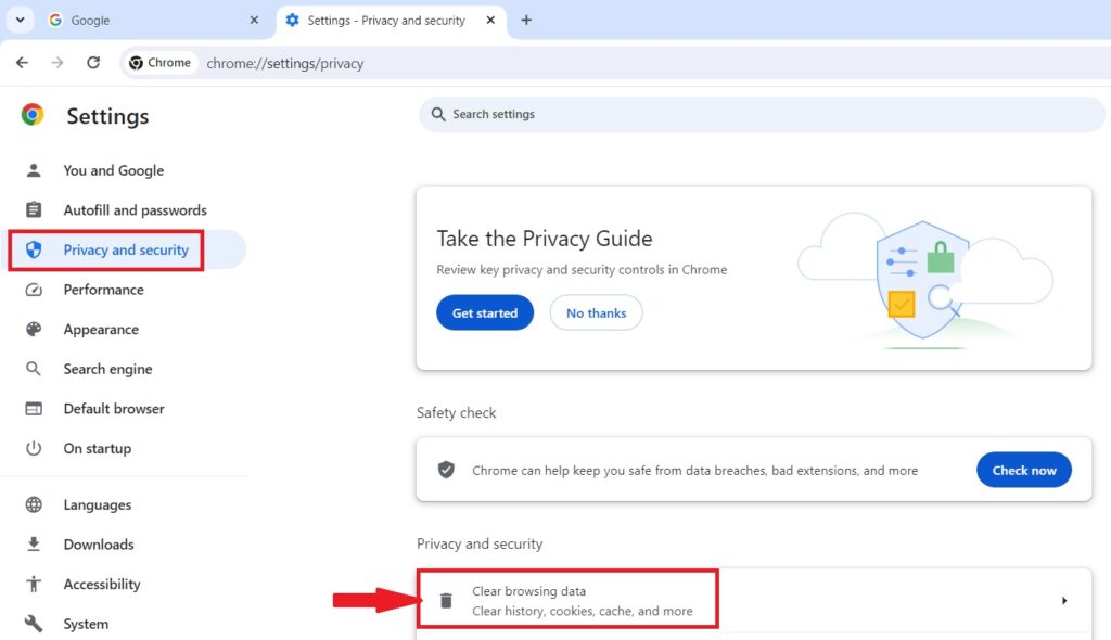 Locating Clear Browsing Data option on Privacy and Security option