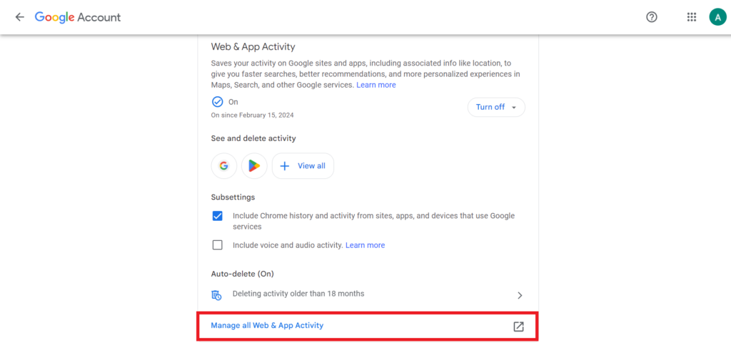 Click Manage All Web and App Activity